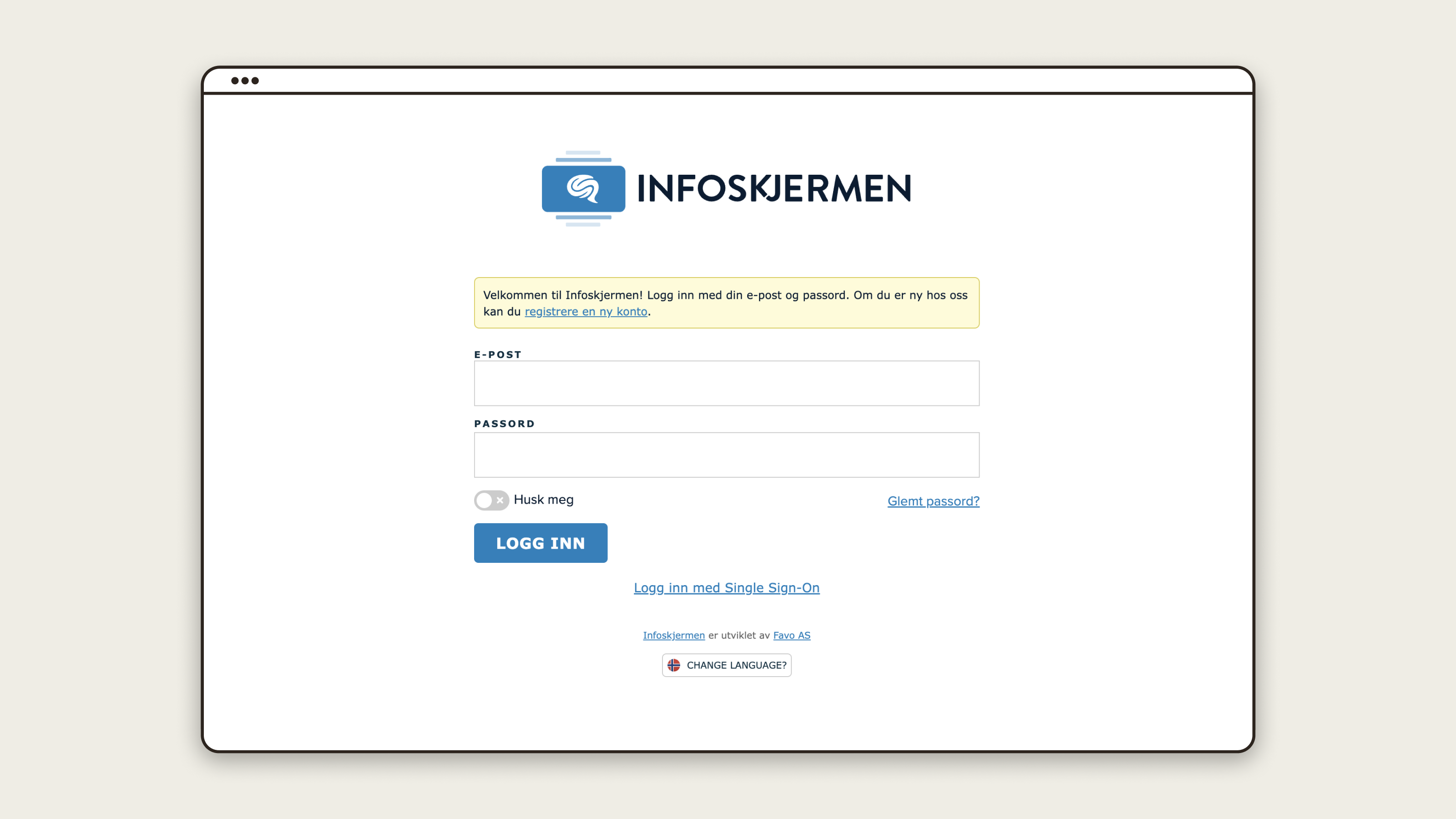Skjermbilde som viser Infoskjermens innloggingsvindu med SSO